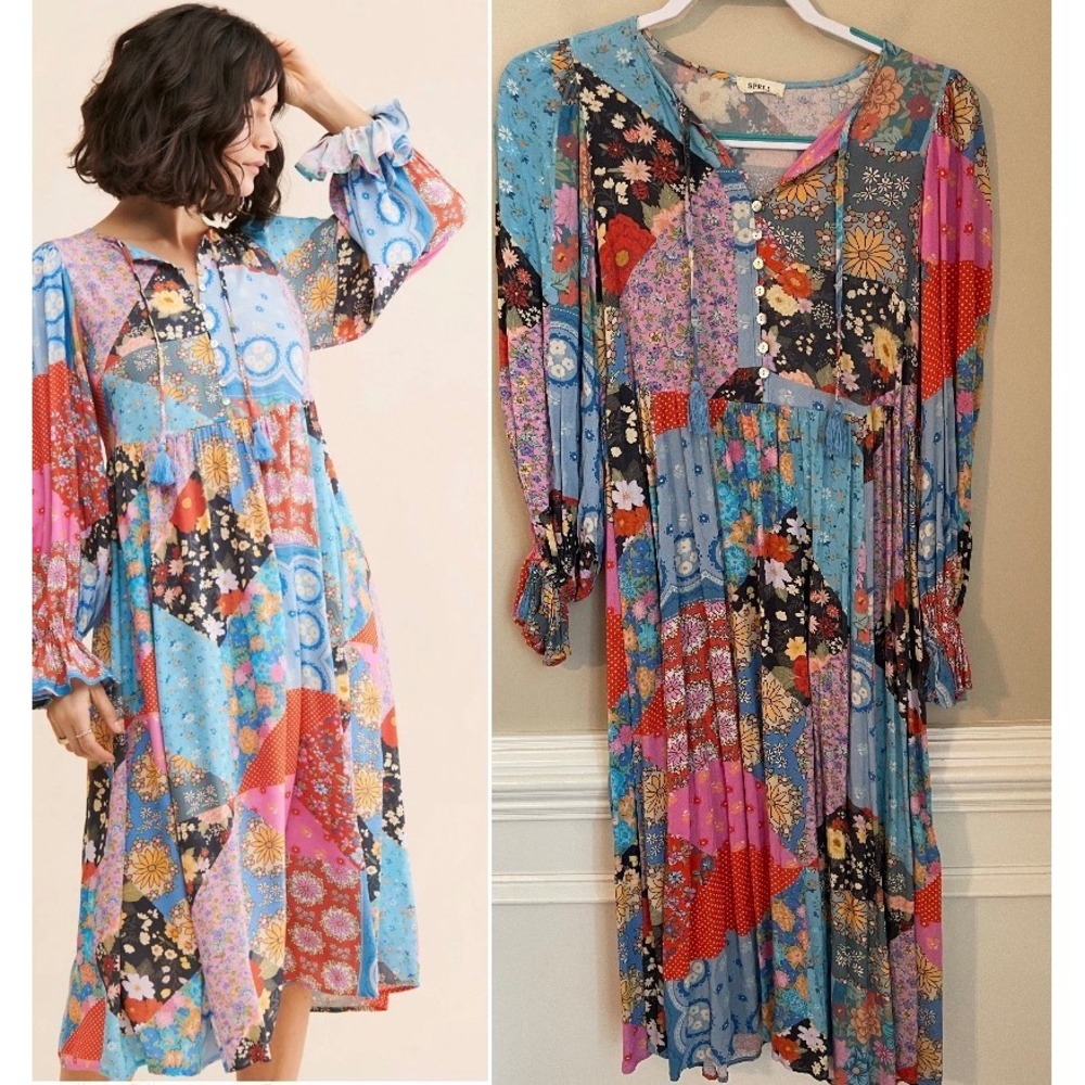 Spell & The Gypsy Cha Cha Boho Patchwork Floral Print Midi Dress Size XS